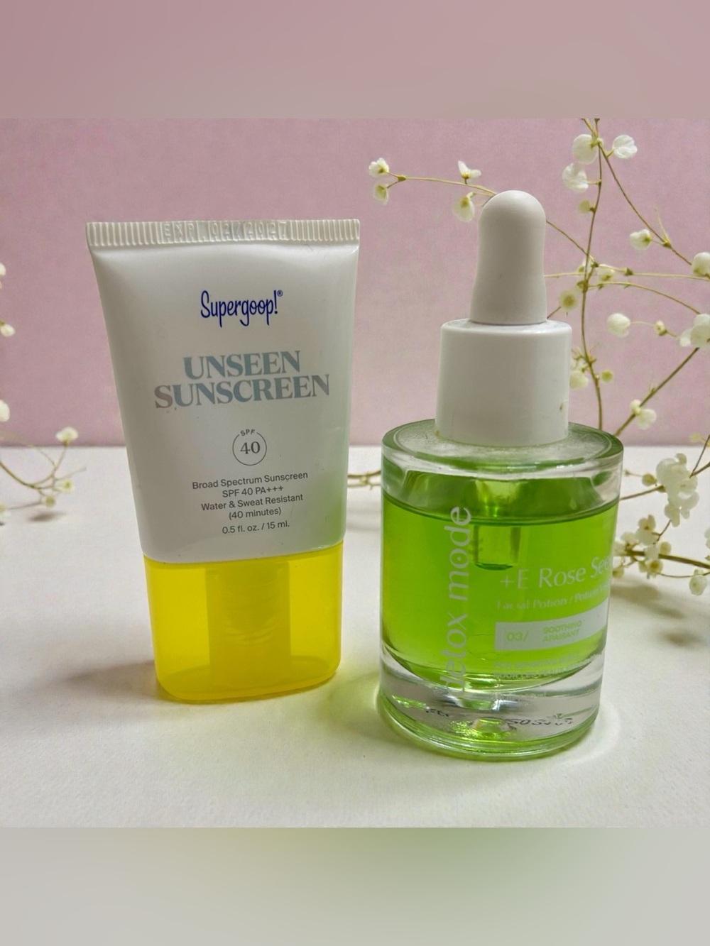 Detox Mode +E Rose Seed Facial Potion & Supergoop Unseen Sunscreen